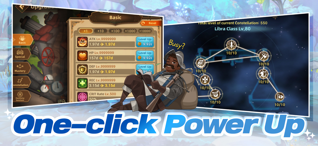 Fortress Saga AFK RPG screenshot showing the one click power up interface and character upgrade menu