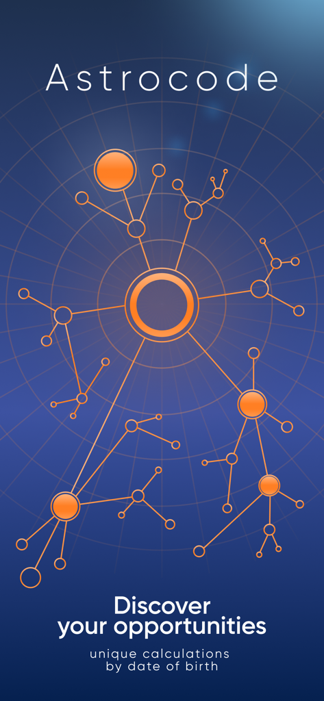 Astrocode: personal horoscope - Astrocode app splash screen with a celestial network map and birth date calculation text