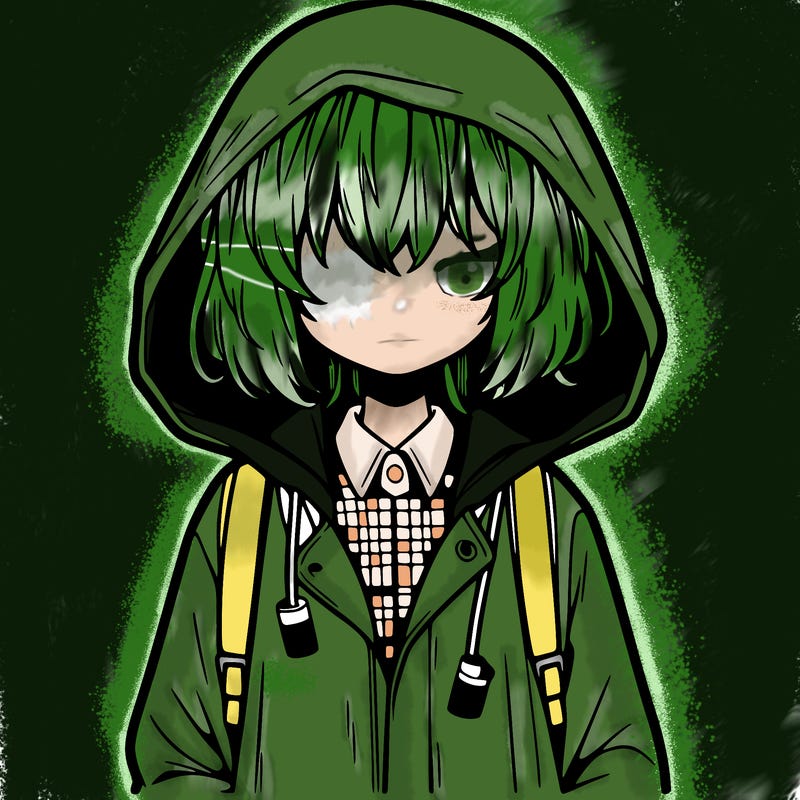 little anime girl in a raincoat her hair is covering her eyes she has a lighter