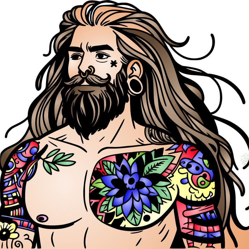 tattooed man with long hair and beard shirtless