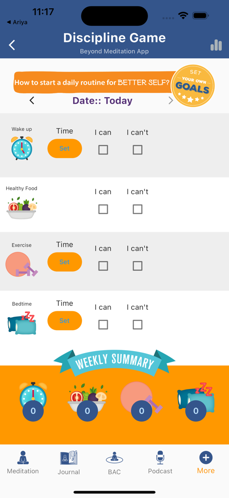 EnlightenMe 앱 화면, 일상 루틴 추적 및 건강 목표 설정을 위한 Discipline Game 인터페이스 표시