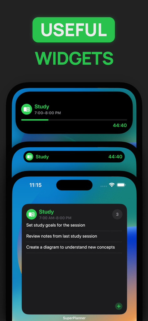 SuperPlanner: Daily Planner - SuperPlanner app useful widgets showing study sessions and task lists on iOS