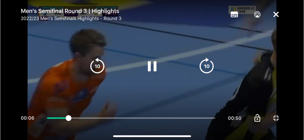 Handbollsligan Live - Video player interface of the Handbollsligan Live app showing men's semifinal handball highlights