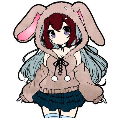 pretty anime girl wearing a fluffy hoodie with bunny ears on the hood and a skirt