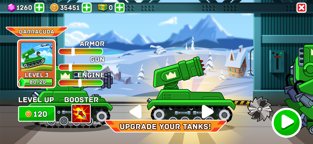 Hills of Steel - A tank upgrade screen in Hills of Steel showing the Barracuda tank with stats for armor gun and engine