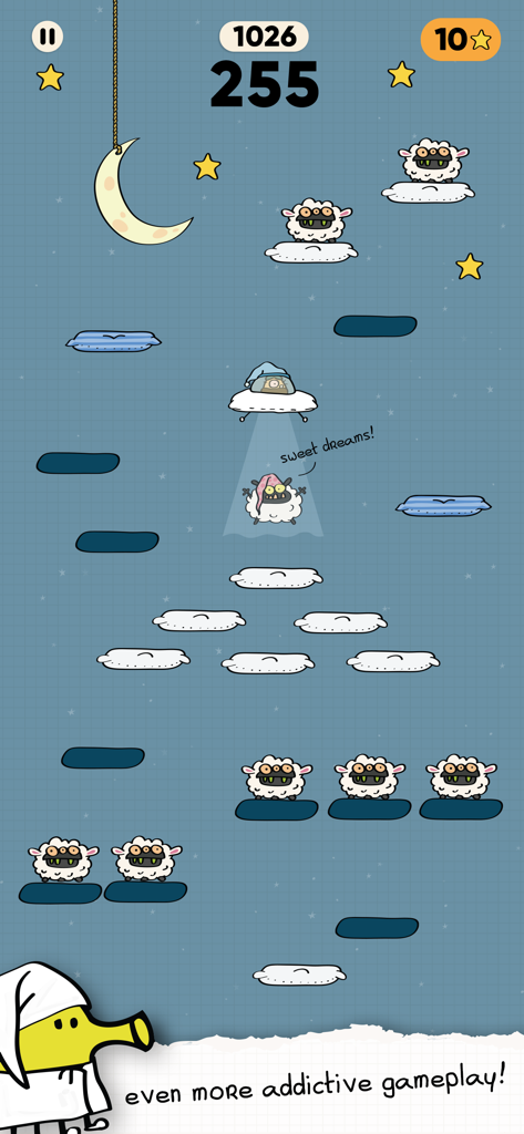 Doodle Jump 2 gameplay showing the character in pajamas jumping through the Sleepy World with sheep monsters and pillow platforms.