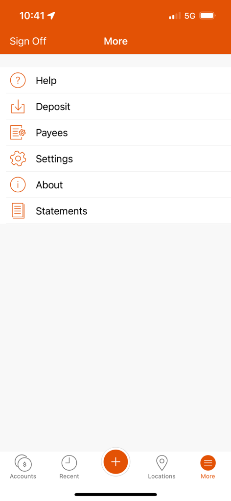 Amerant Mobile Banking app more menu screen showing options for deposits payees settings and statements