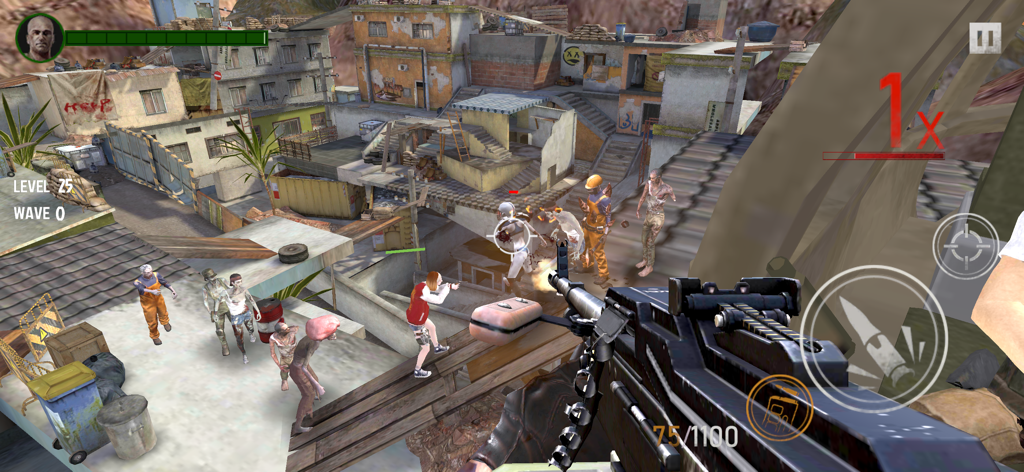 Zombie War - The Last Survivor - First person view of a player using a machine gun to shoot zombies in a low poly urban setting