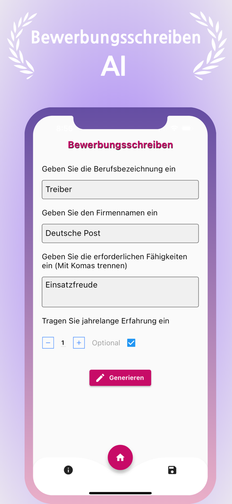 Bewerbungsschreiben KI - A mobile app interface displaying form fields to generate a professional cover letter using AI