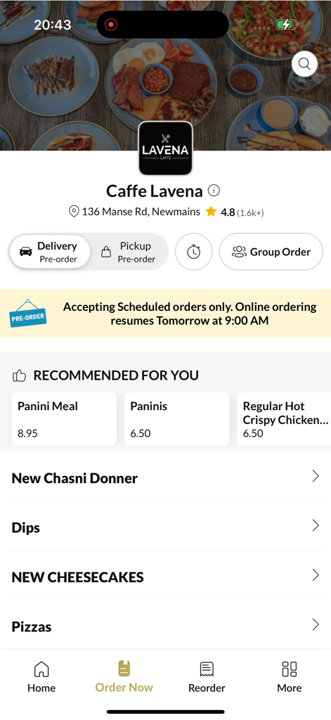 Caffe Lavena Newmains - Caffe Lavena Newmains mobile app menu showing food categories and ordering options