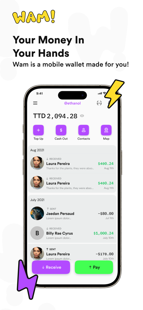 Wam mobile wallet interface showing TTD balance and transaction history on a smartphone