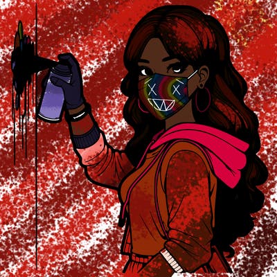 realistic girl with mask spray painting a wall