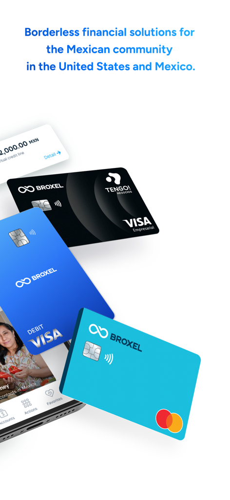 Broxel - Aplicación Broxel mostrando soluciones financieras sin fronteras y tarjetas de débito para la comunidad mexicana
