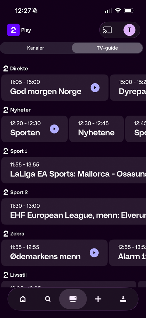 TV 2 Play - A screenshot of the TV 2 Play app interface showing the live TV guide and program schedule with various Norwegian channels and shows.