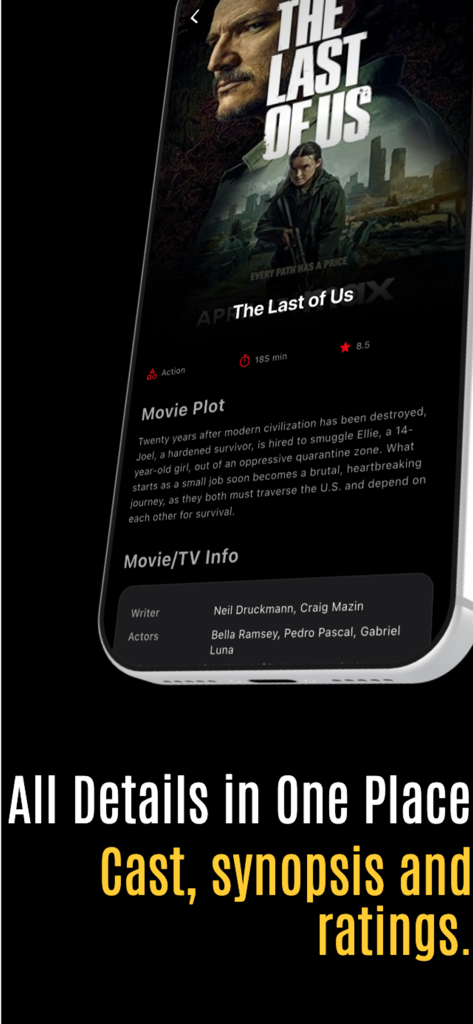 Movie & Series List - Detailed information screen for a series showing cast synopsis and ratings