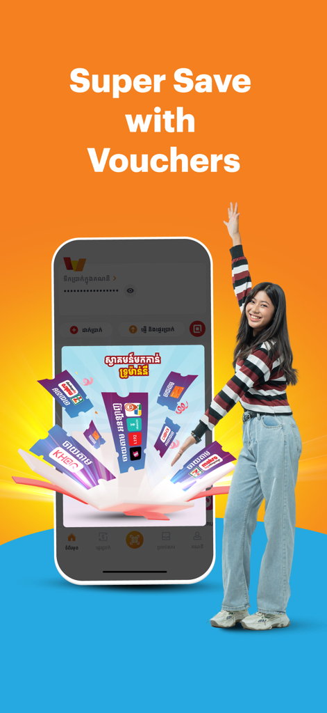 TrueMoney Cambodia - TrueMoney Cambodia app promotion featuring a woman pointing to digital vouchers and the text Super Save with Vouchers