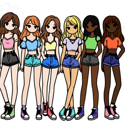 a group of girls wearing crop tops and shorts
