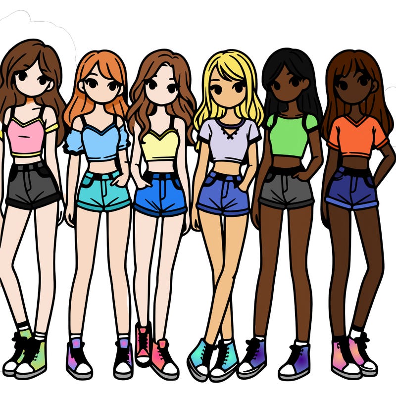 a group of girls wearing crop tops and shorts