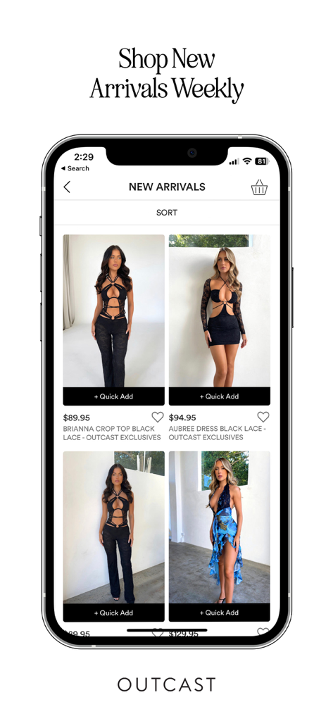 Outcast mobile app interface showing a feed of new arrivals for women festival fashion