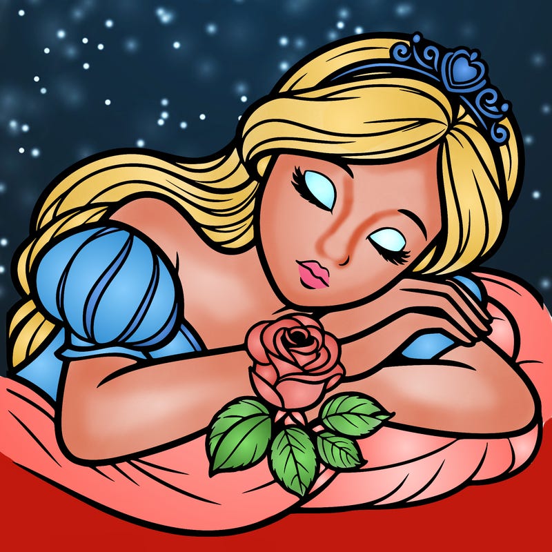 a fairytale princess sleeping with her hands crossed on her chest and a rose on her chest realistic