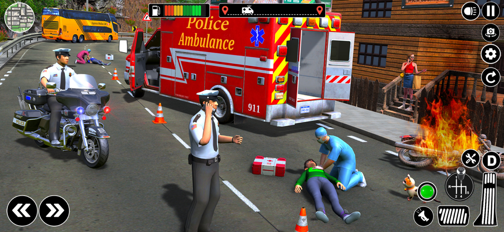 911 Ambulance-Rescue Simulator - Premiers intervenants et ambulance du 911 sur une scène d'urgence.