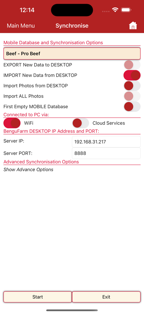 The synchronization menu in the BenguFarm Mobile app for livestock management showing data transfer options between mobile and desktop.