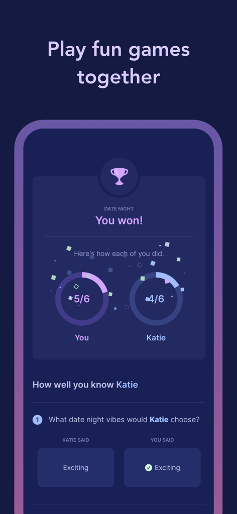 Cozy Couples: Relationship App - 파트너 선호도에 대한 퀴즈가 포함된 커플 간의 게임 결과를 보여주는 Cozy Couples 앱 스크린샷