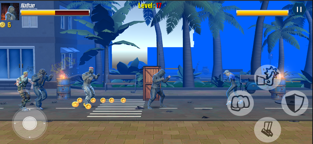 Street Combat :Grounds Fighter - Gameplay de lucha callejera de desplazamiento lateral con un personaje ninja y varios oponentes en un entorno urbano con palmeras.