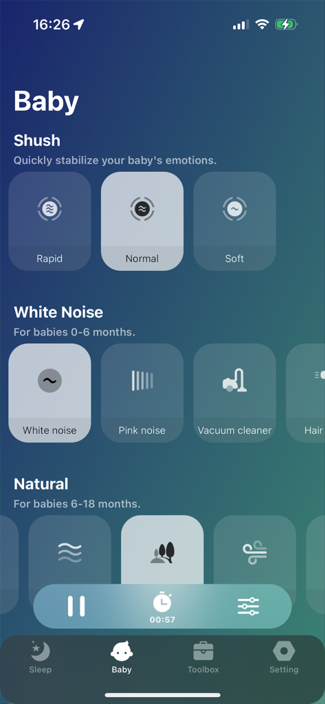 Lull - White Noise For Sleep - Interfaccia dell'app Lull che mostra suoni per il sonno dei bambini, incluse opzioni di ninna nanna e rumore bianco.