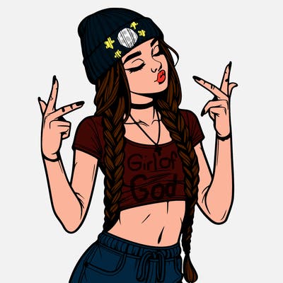 realistic teenage girl with braids and a beanie and crop top doing 🫶🏼