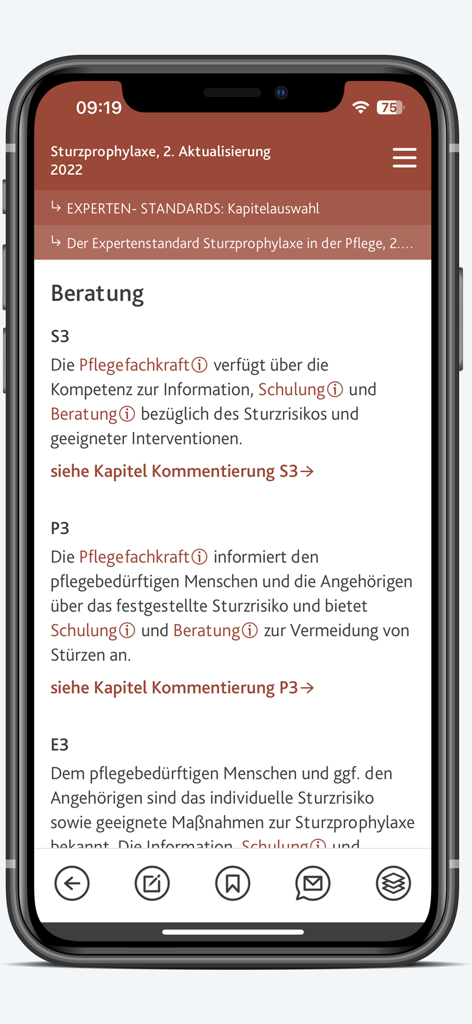 DNQP Leila - Tela do celular mostrando padrões de enfermagem especializados para profilaxia de quedas e aconselhamento no aplicativo DNQP Leila.