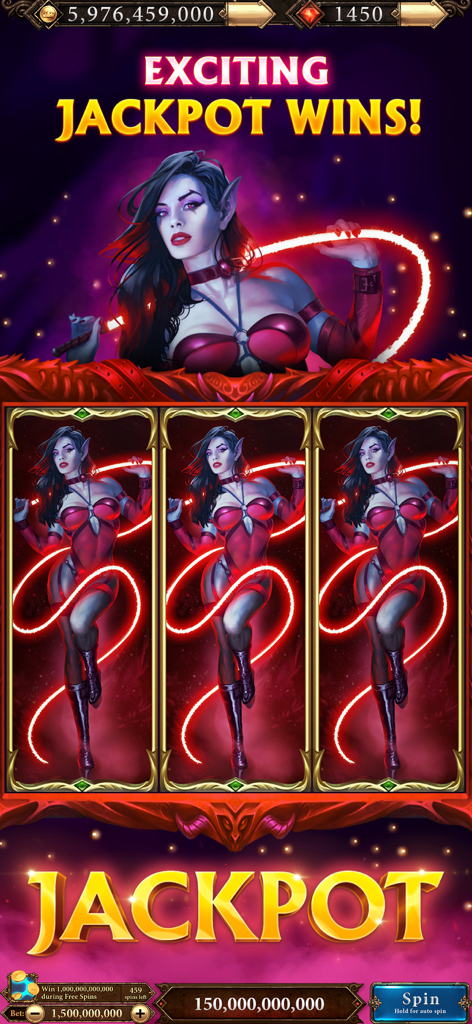 Ein Jackpot-Gewinnbildschirm in Scatter Slots mit einer dunklen Fantasy-Frauenfigur mit einer leuchtenden roten Peitsche und drei übereinstimmenden Symbolen auf den Walzen