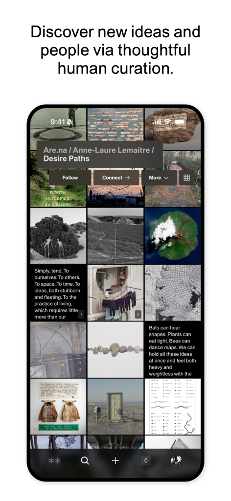 Are.na - Are.na app interface showing a grid of curated images and text blocks under a collection titled Desire Paths