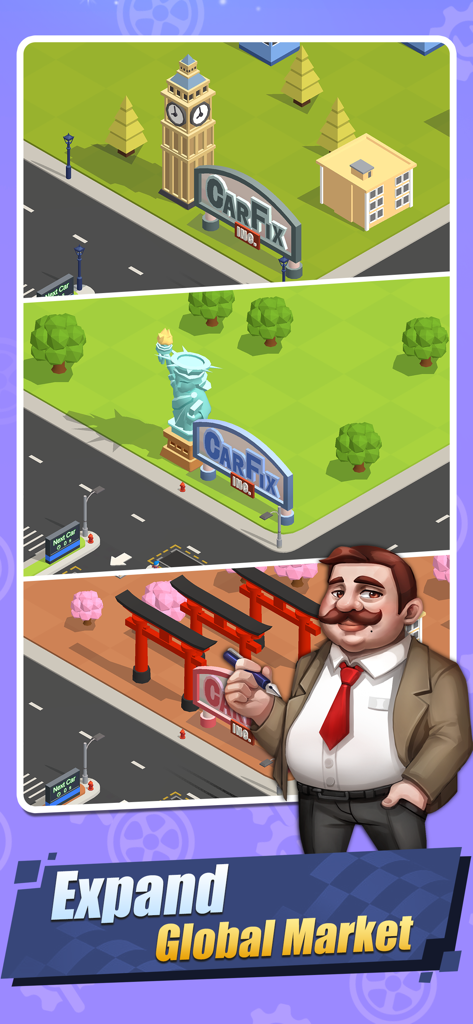 Car Fix Inc - Mechanic Garage - A game character showcasing multiple garage locations in London New York and Japan for global business expansion
