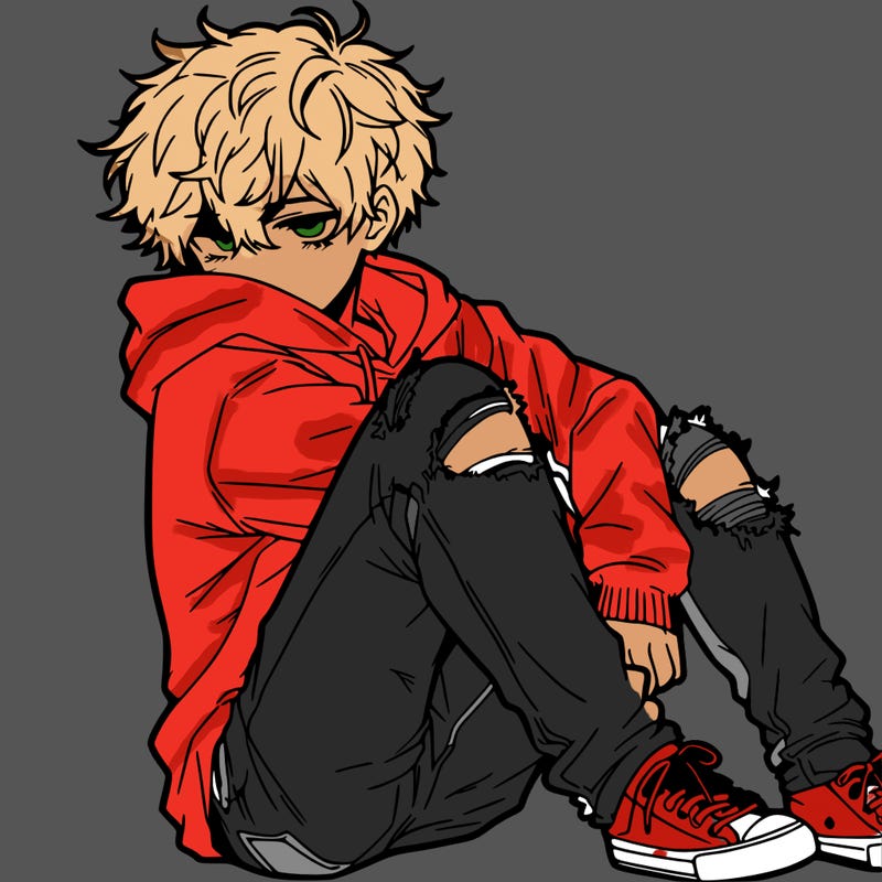 a male hoddie ripped jeans messy hair anime