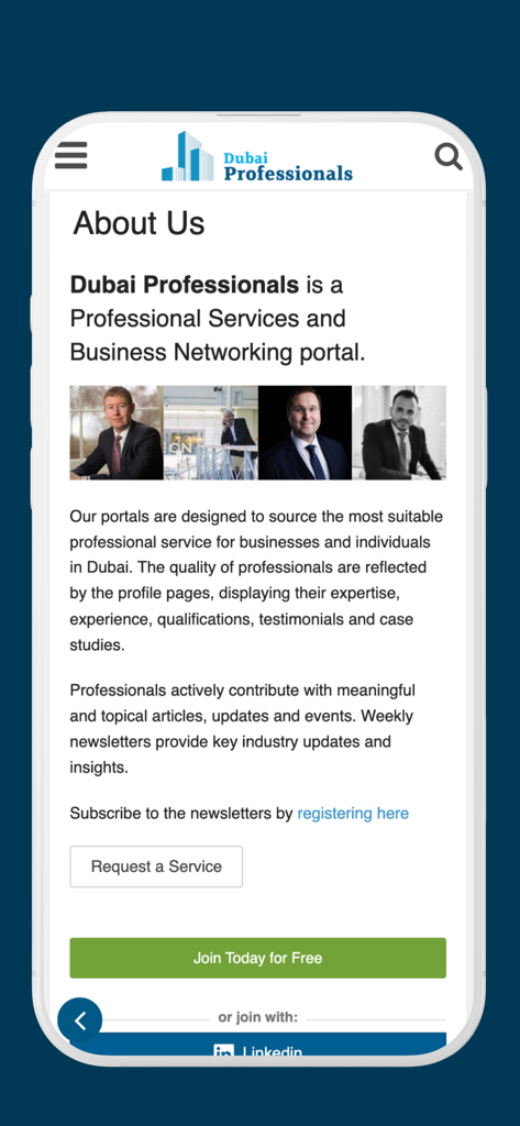 두바이 전문가 비즈니스 네트워킹 앱의 정보 페이지, 전문가 프로필 및 서비스 설명 포함