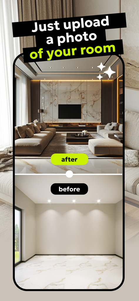 Uma comparação de antes e depois de um cômodo vazio transformado em uma sala de estar moderna usando design de interiores com IA