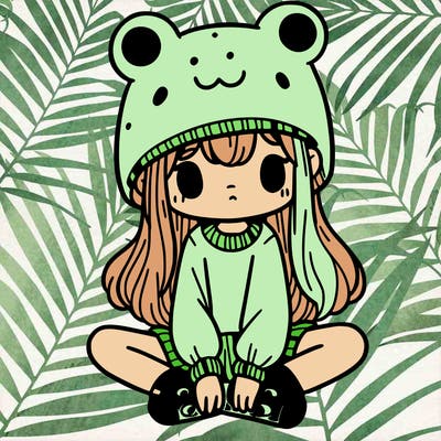 a girl wearing a frog hat and some frog socks