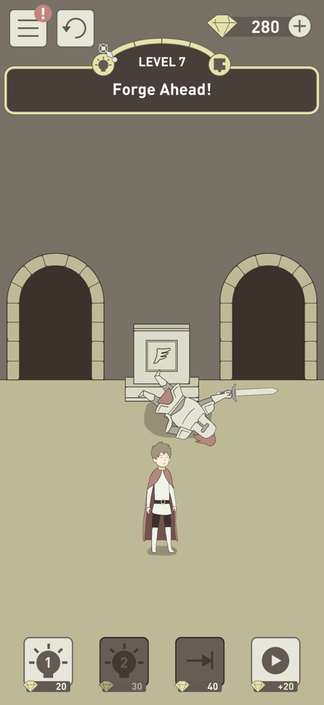 IQ Dungeon 2: Inherited Light - Gameplay screen of IQ Dungeon 2 showing level 7 titled Forge Ahead with a character and an inspiration versus logic gauge