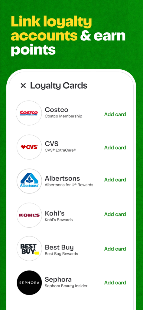 Instacart app screen showing the loyalty cards section to link accounts from stores like Costco and CVS for earning points.