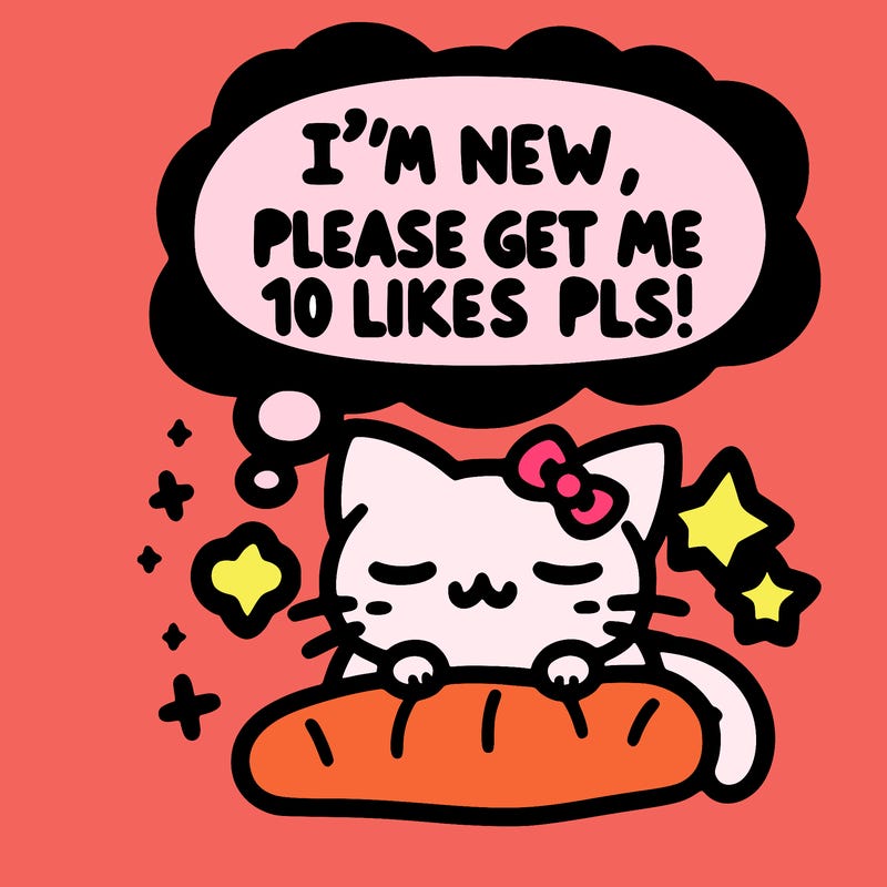 kitty taking a nap dream talking and saying "i'm new, please get me at least 10 likes pls!!"