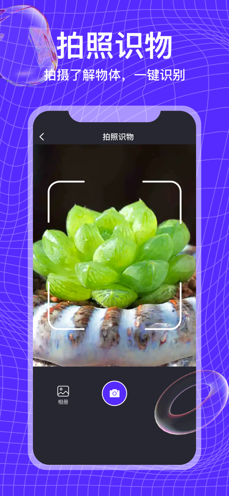 万能扫描王-手机就可测距代替测距仪 - Universal Scanner King app interface showing the AI object identification feature scanning a green succulent plant