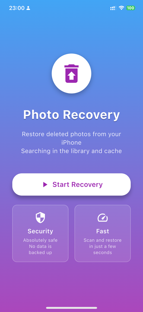 Photo Recovery - Restore - Interfaz de la aplicación Photo Recovery para restaurar fotos borradas de iPhone con un botón de inicio de recuperación.