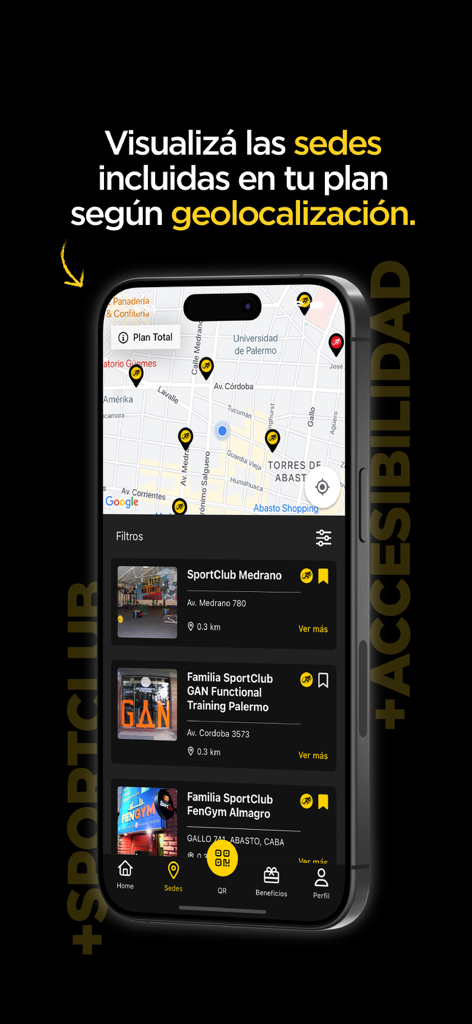SportClub - SportClub app interface showing a map with gym branch locations based on user geolocation.