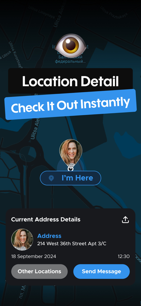 Locary - Find Family Location - Screenshot of Locary app showing real-time location and address details for a family member