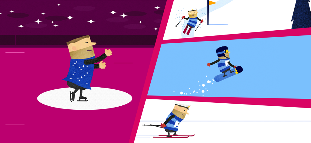 Fiete the sailor participating in winter sports mini games like figure skating and skiing