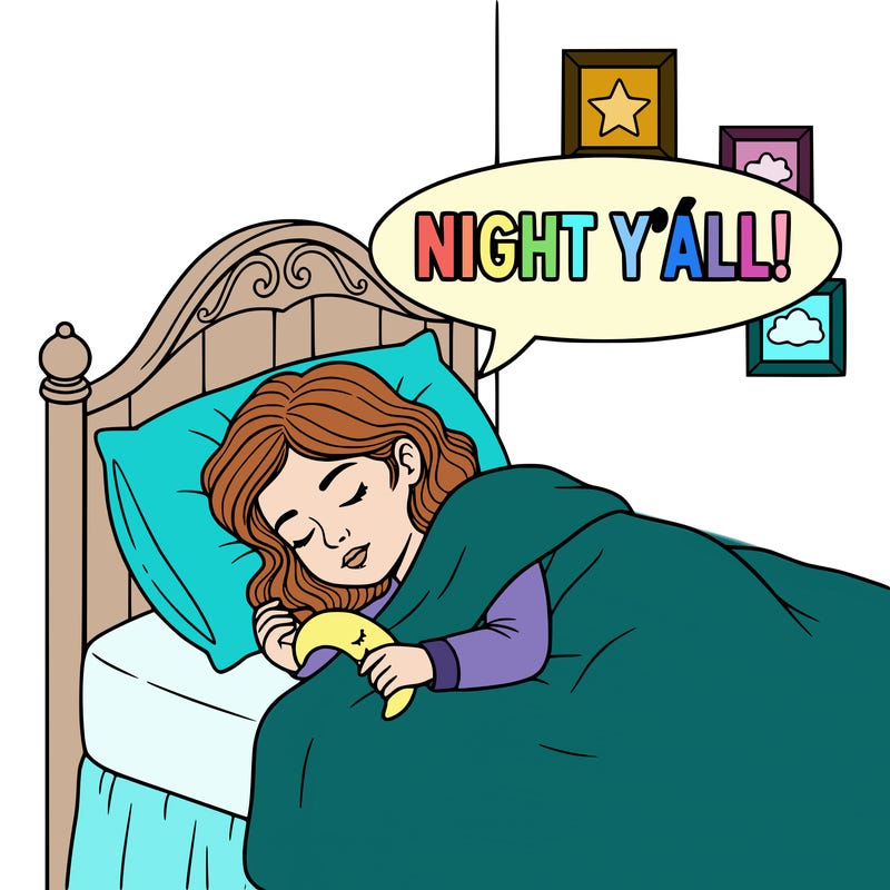 a girl sleeping saying “night y’all!”