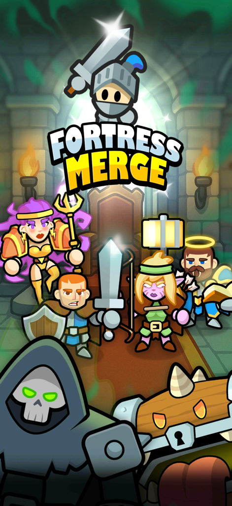 Fortress Merge - Personajes de dibujos animados de Fortress Merge, incluyendo un caballero, guerreros, un elfo y un villano con cara de calavera en un escenario de castillo de fantasía.