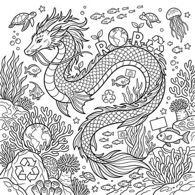 Embark on an incredible coloring journey with this majestic sea serpent, dedicated to the spirit of Earth Day. This intricate design features a mythical ocean protector surrounded by vibrant marine life and symbols of environmental stewardship, ready for your creative touch.