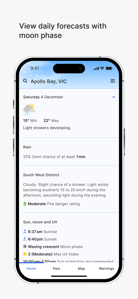 Smartphone screen showing the BOM Weather app's daily forecast with moon phase and UV index for Apollo Bay.